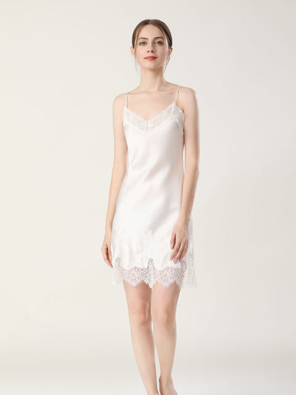 100% Mulberry Silk Sensual V-Neck Lace Nightgown