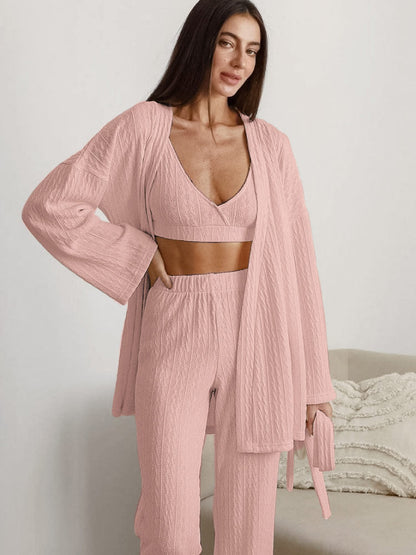 Loose Striped Long Pants Pajama Robe Set
