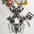 Sexy Three-Piece Lingerie Set Mesh Underwire Backless Bodysuit Removable Garter Belt
