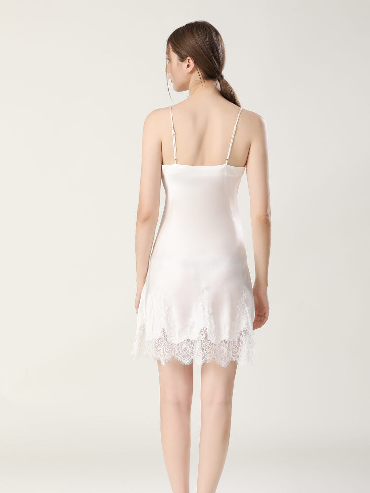 100% Mulberry Silk Sensual V-Neck Lace Nightgown