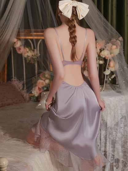 Sexy Embroidered Lace Backless Satin Nightgown Set
