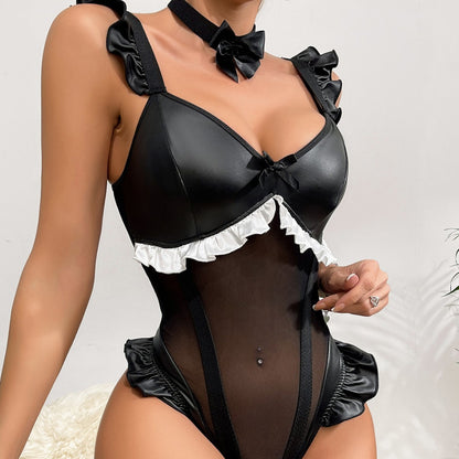 Bowknot Leather Mesh Sheer Bodysuit