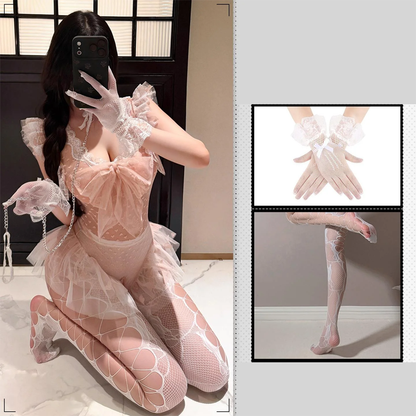 Hand Holding Rope Dot Sexy See-through Open Crotch Sexy Lingerie Set