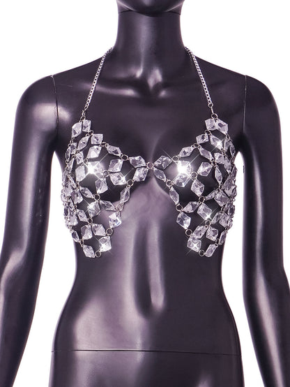 Shiny Crystal Pendant Backless Halter Bra