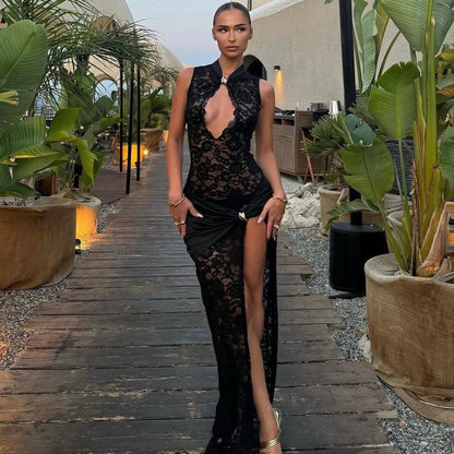 Elegant Black Floral Lace Gown with High Side Slit & Twisted Detail
