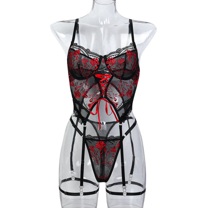 Flower Embroidery Cross Strap Underwear Three-Piece Set