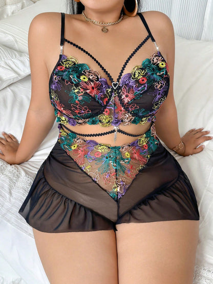 Plus Size Mesh Flower Color Embroidery Sexy Lingerie