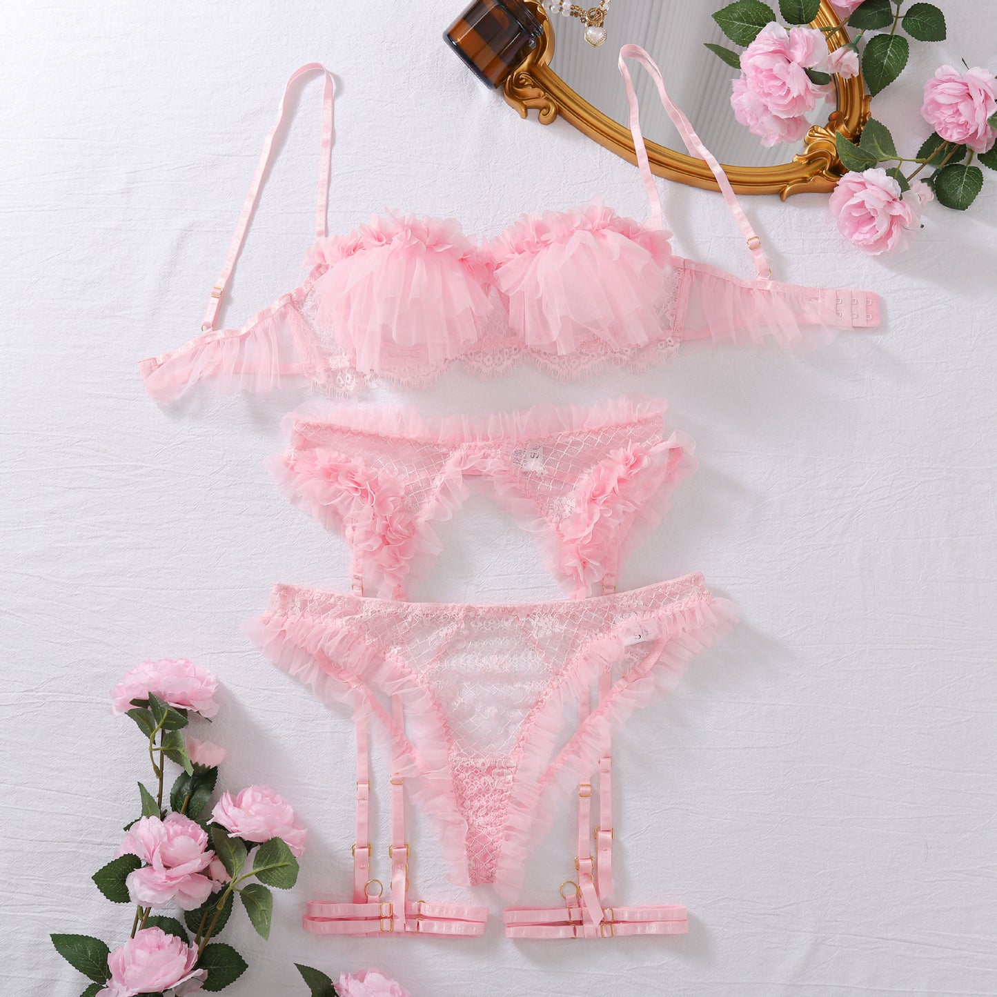 Three-Point Wooden Ear Mesh Lace Hollow Sexy Underwear