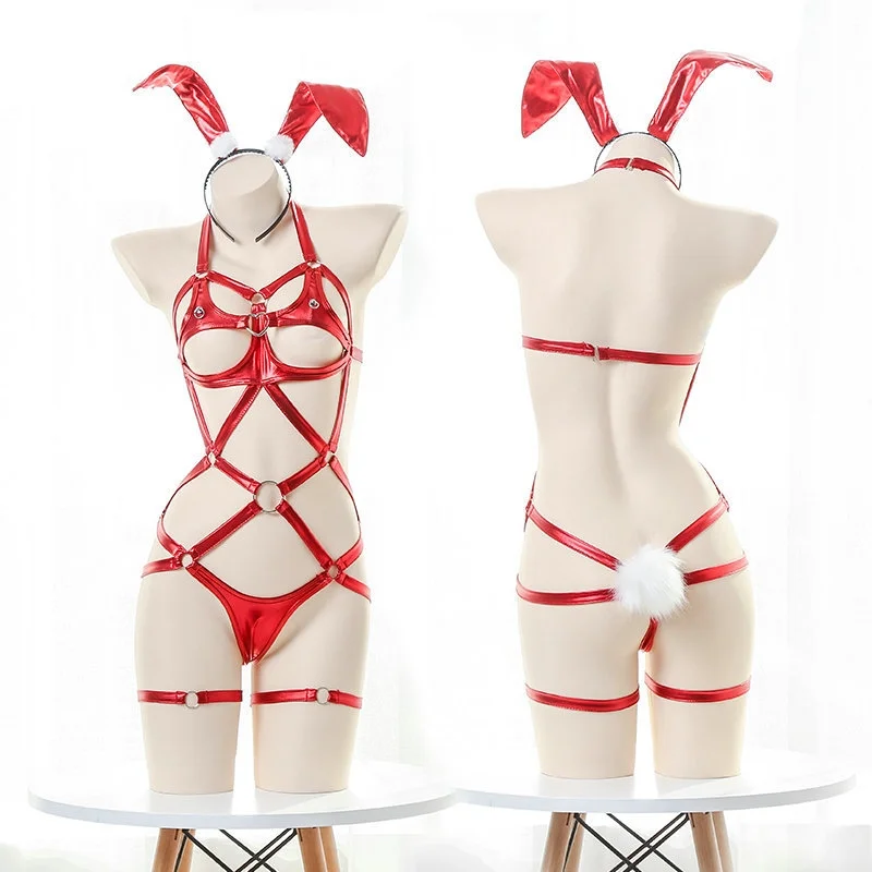 【Free Bunny Ears Headband】SM Bunny Girl Three-piece Leather Sexy Lingerie