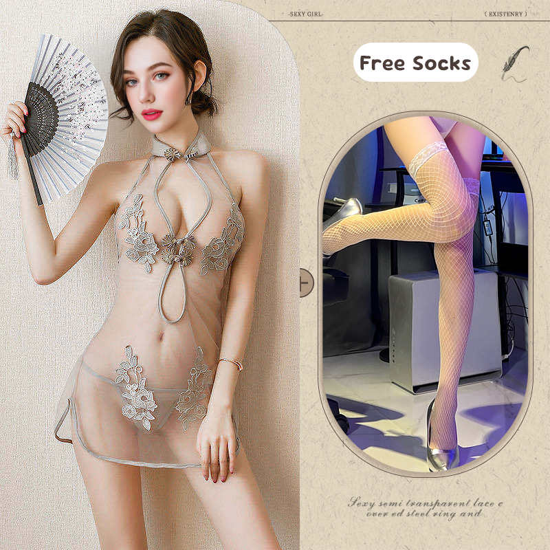 Lace Slit Mesh Classical Embroidered Cheongsam Suit