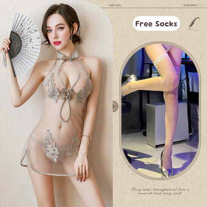 Lace Slit Mesh Classical Embroidered Cheongsam Suit
