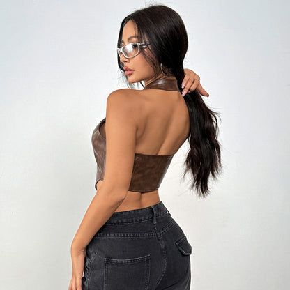 Sexy Hot Girl Low-Cut Pure Color Halter Lace-up PU Leather Vest