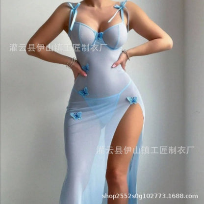 Sheer Mesh Backless High Slit Multicolor Dress