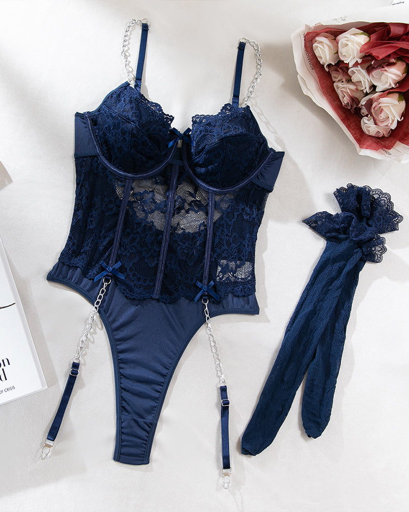 Chain Lace Bodysuits With Stockings