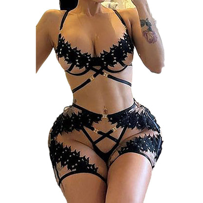 Hollow-out Sexy Mesh See-through Erotic Lingerie Black Tight-fitting Garment