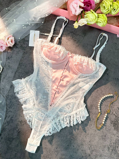 Dazzlingly Seductive Lace Bodysuit V-Neck Cut-Out Transparent Lingerie Alluring Femininity
