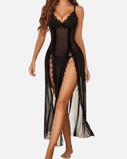 Luxurious Sexy Sleepwear Set Hollow-Out Diamond-Embellished Lace Blouse Mesh