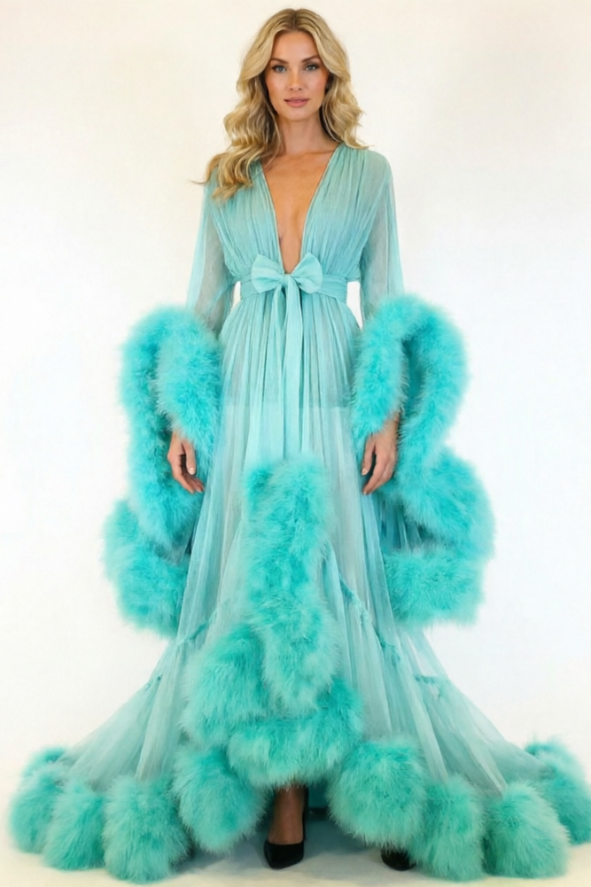 Sexy Feather Bell Sleeve Trailing Dress