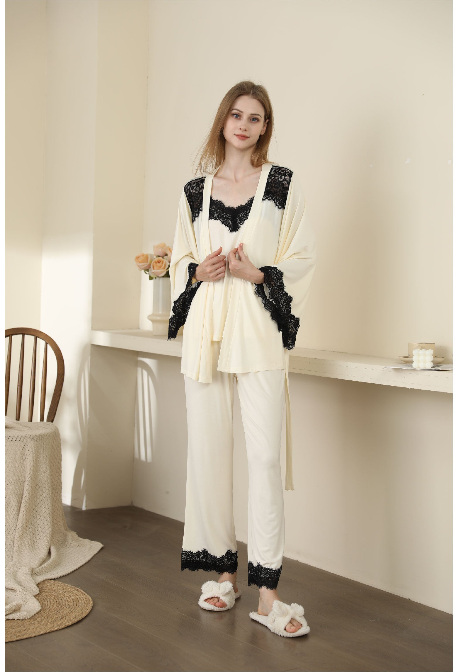 Sexy Modal Lace Backless Pajama Robe Camisole Set