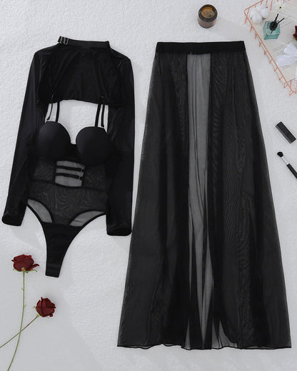 Mesh Underwire Bodysuit Skirt 3 Pieces Sets