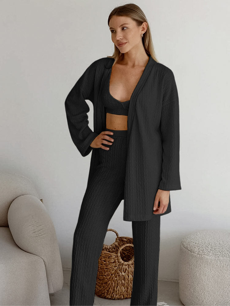 Loose Striped Long Pants Pajama Robe Set