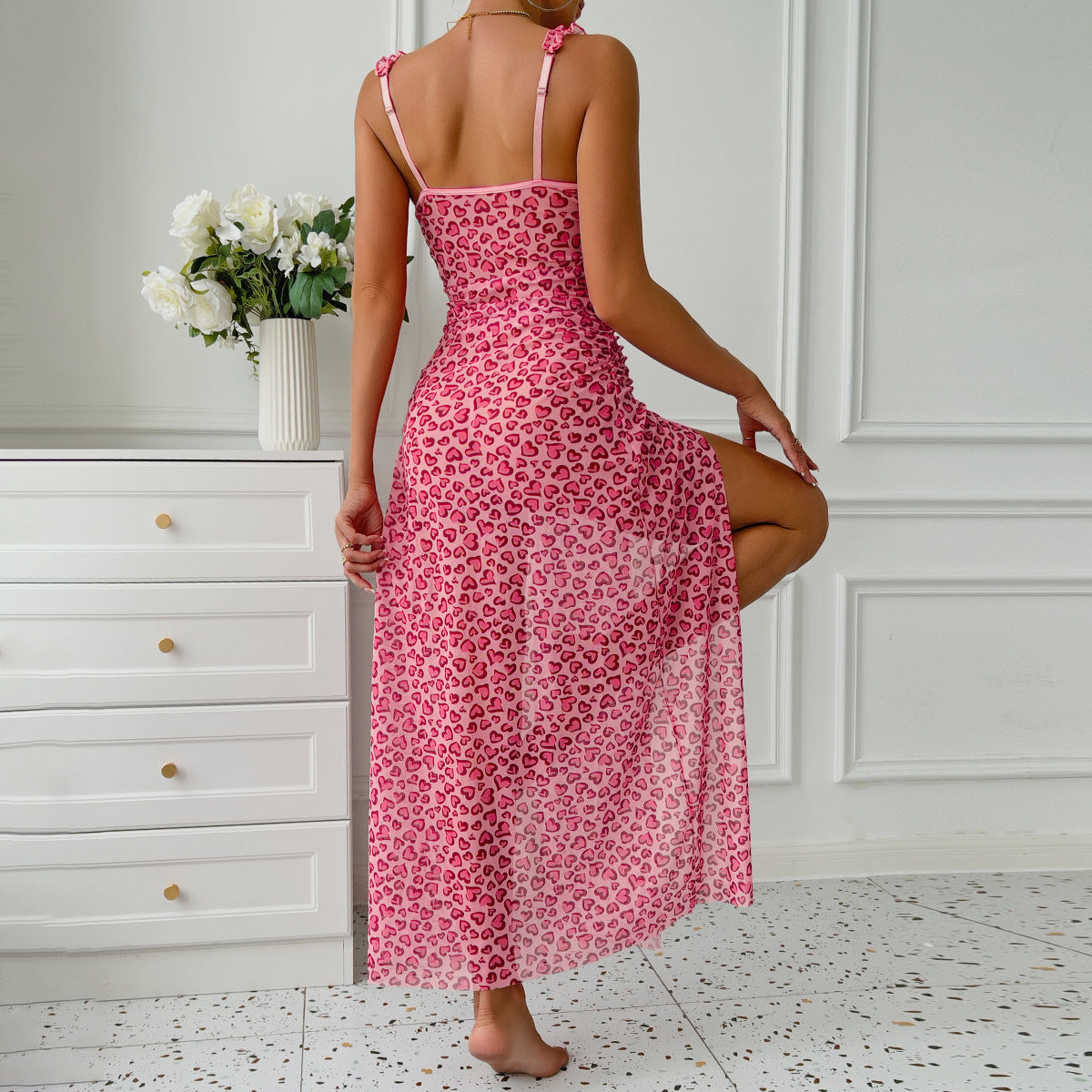 Fuchsia Leopard Love High Slit Long Dress Sexy Sling Dress T-Back