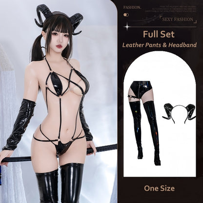 Sexy Devil Patent Leather Lace-up Bodysuit