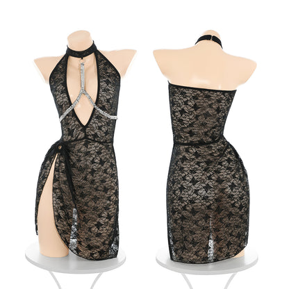 Flash Chain Breastpin Charming See-through Sexy Lace Dress