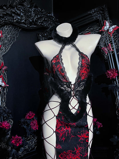 Ancient Style Plush Halter Neck Straps Cheongsam Uniform