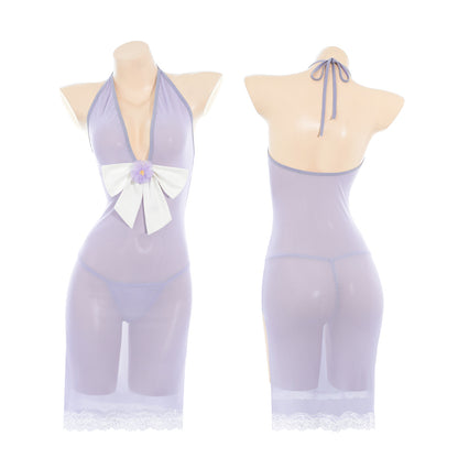 Sweet Butterfly Mesh Halter Deep V Dress
