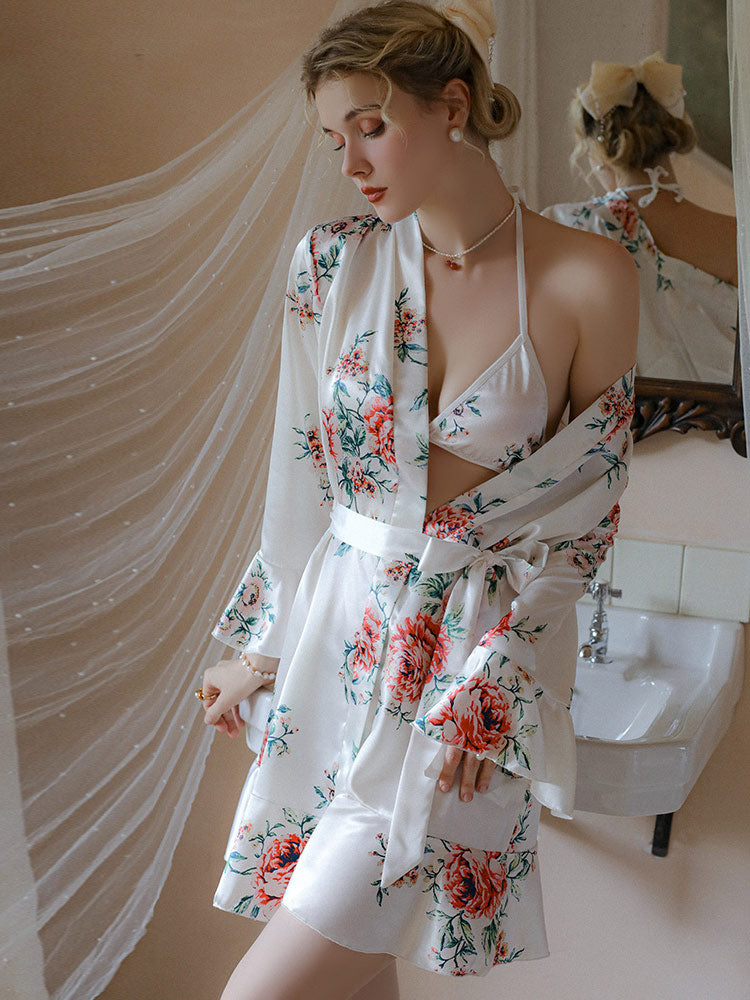 Ice Silk Floral Sexy Sleepwear Robe