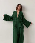 Loose-fit Line Gauze Pajama Bathrobe Set
