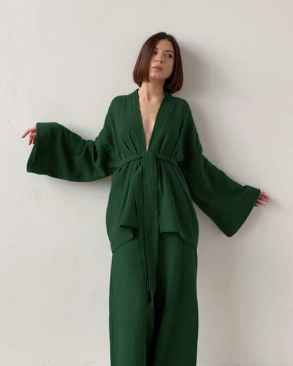 Loose-fit Line Gauze Pajama Bathrobe Set