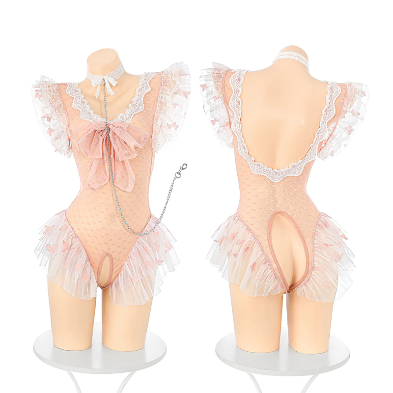 Hand Holding Rope Dot Sexy See-through Open Crotch Sexy Lingerie Set