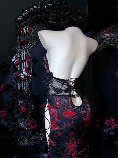 Ancient Style Plush Halter Neck Straps Cheongsam Uniform