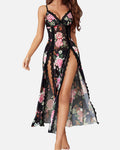 Luxurious Sexy Sleepwear Set Hollow-Out Diamond-Embellished Lace Blouse Mesh