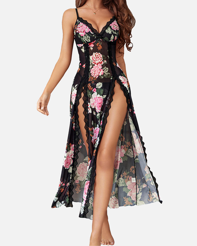 Luxurious Sexy Sleepwear Set Hollow-Out Diamond-Embellished Lace Blouse Mesh