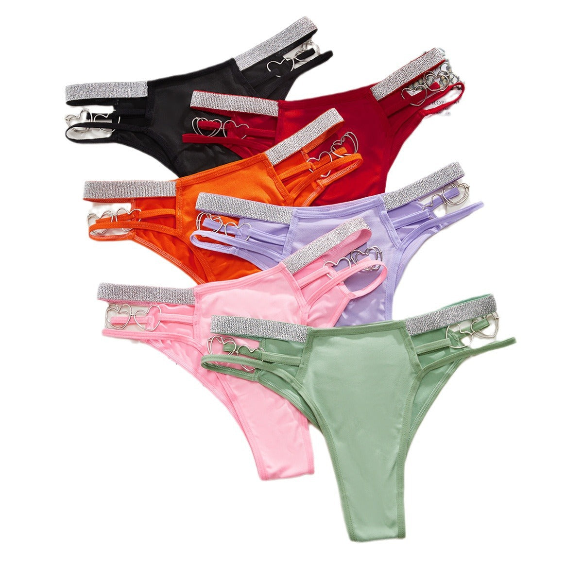 Sexy Women's Low Rise Cheeky Underwear Strappy Heart Buttons Silver Ribbon