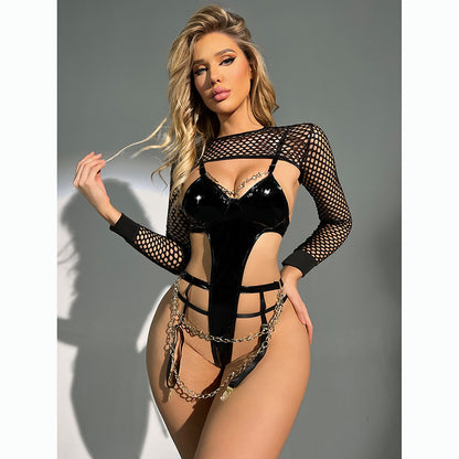Patent Leather Bondage One-piece Lingerie With Garters