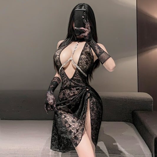 Flash Chain Breastpin Charming See-through Sexy Lace Dress