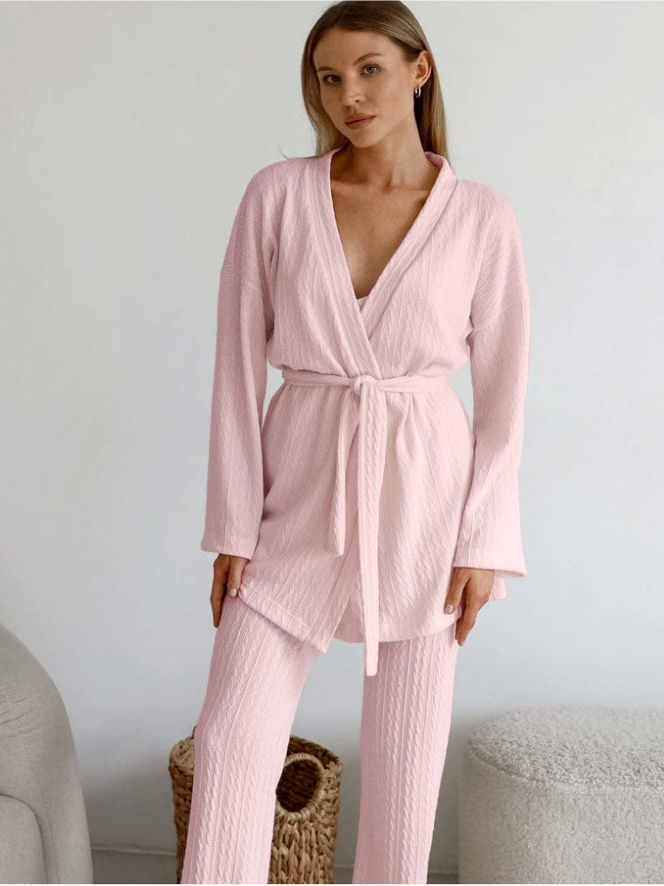 Loose Striped Long Pants Pajama Robe Set