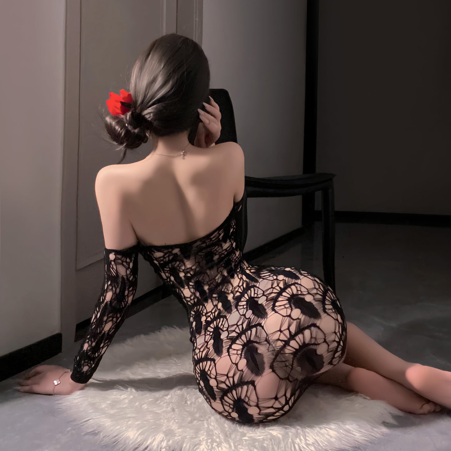 Rose Beauty Hollow See-through Skinny Sheath Mesh Dress