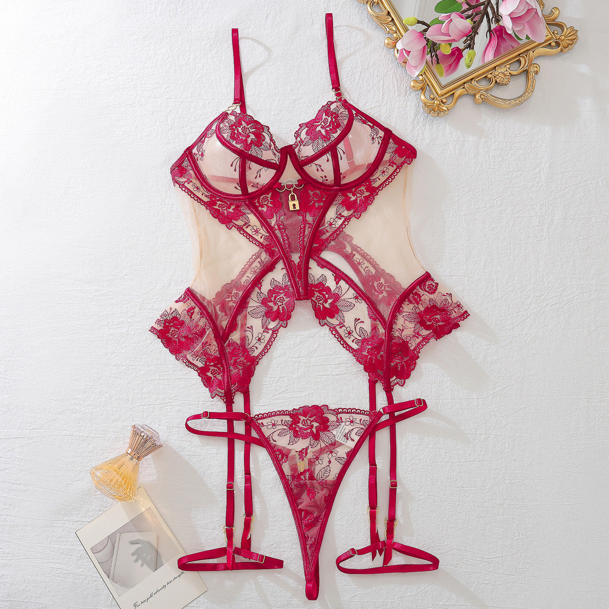 See-through Embroidery padlock charm Mesh Body Shaping Sexy Lingerie Set