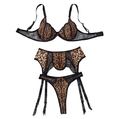 Lace Patchwork Sexy Leopard Print Set Low-Cut Erotic Lingerie Three-Piece Set