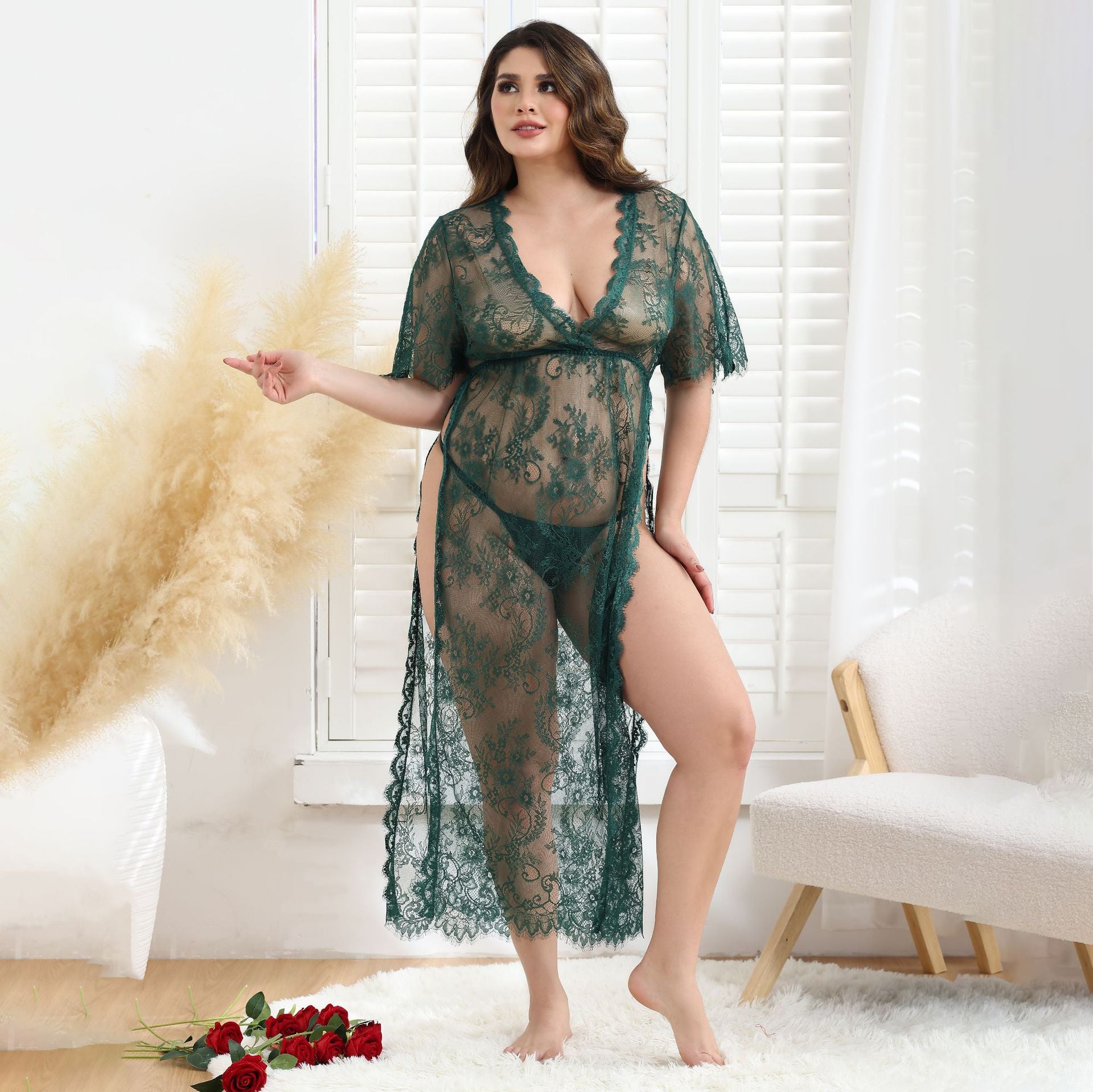 Lace Mesh See-through Sexy Big Dress Sexy Long-Sleeved Suit