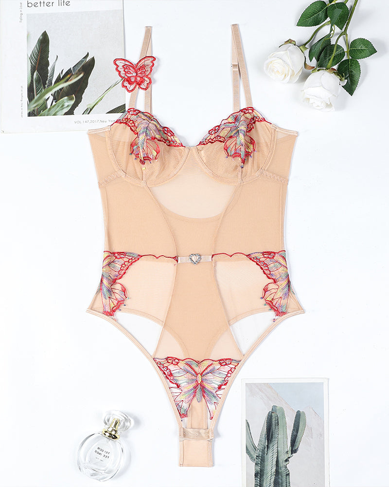 3D Butterfly Embroidery Gathered Bodysuit