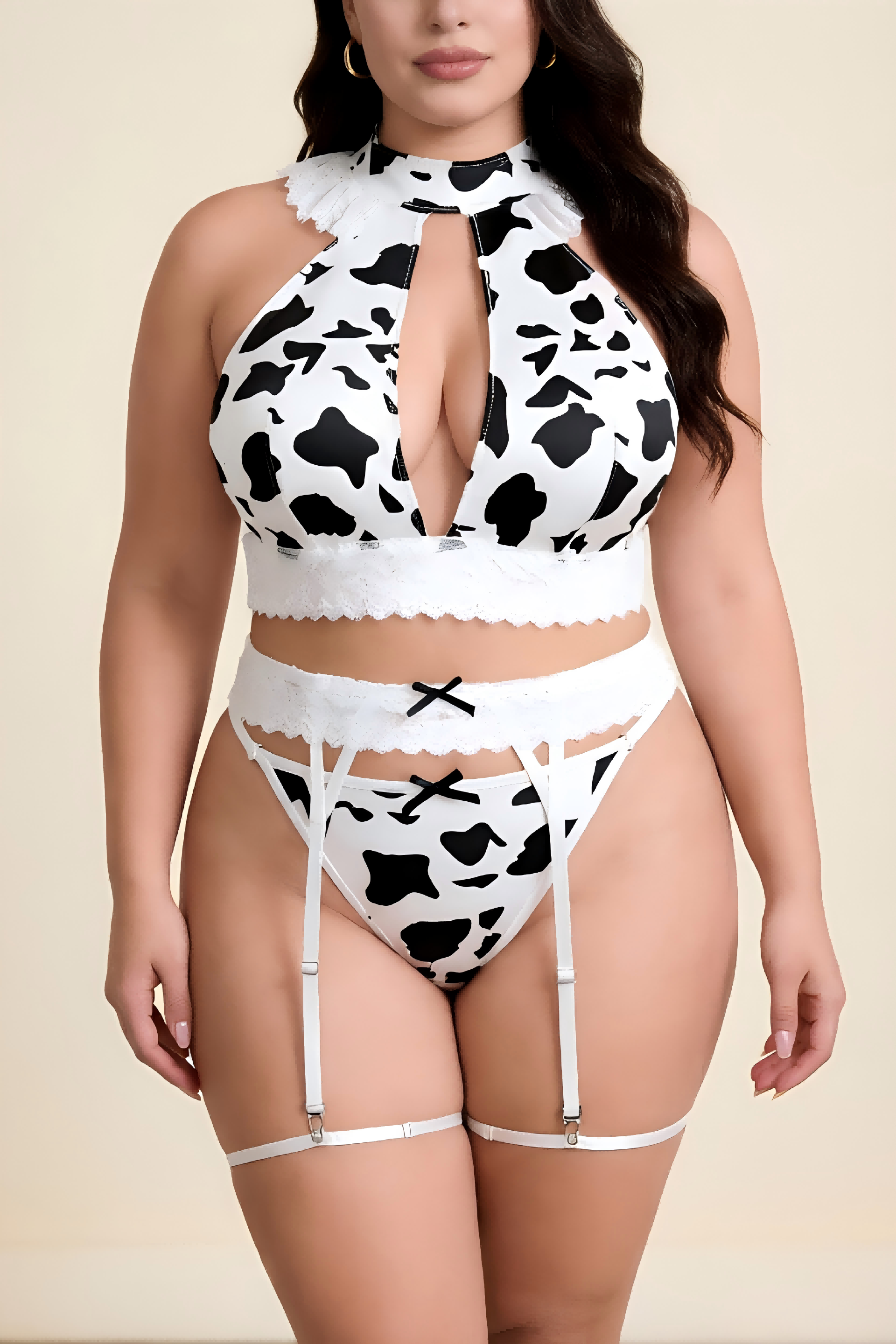 Plus Size Cow Print Lingerie Set