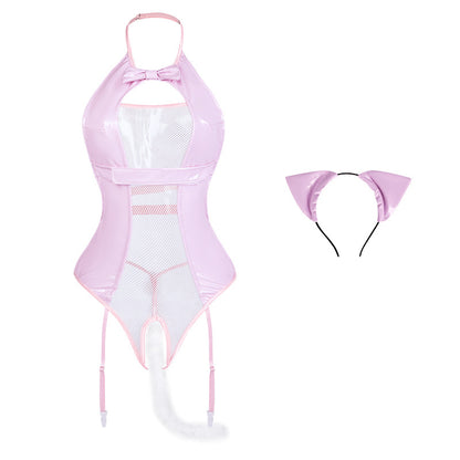 Catgirl Pink Bow Leather Bodysuit Set