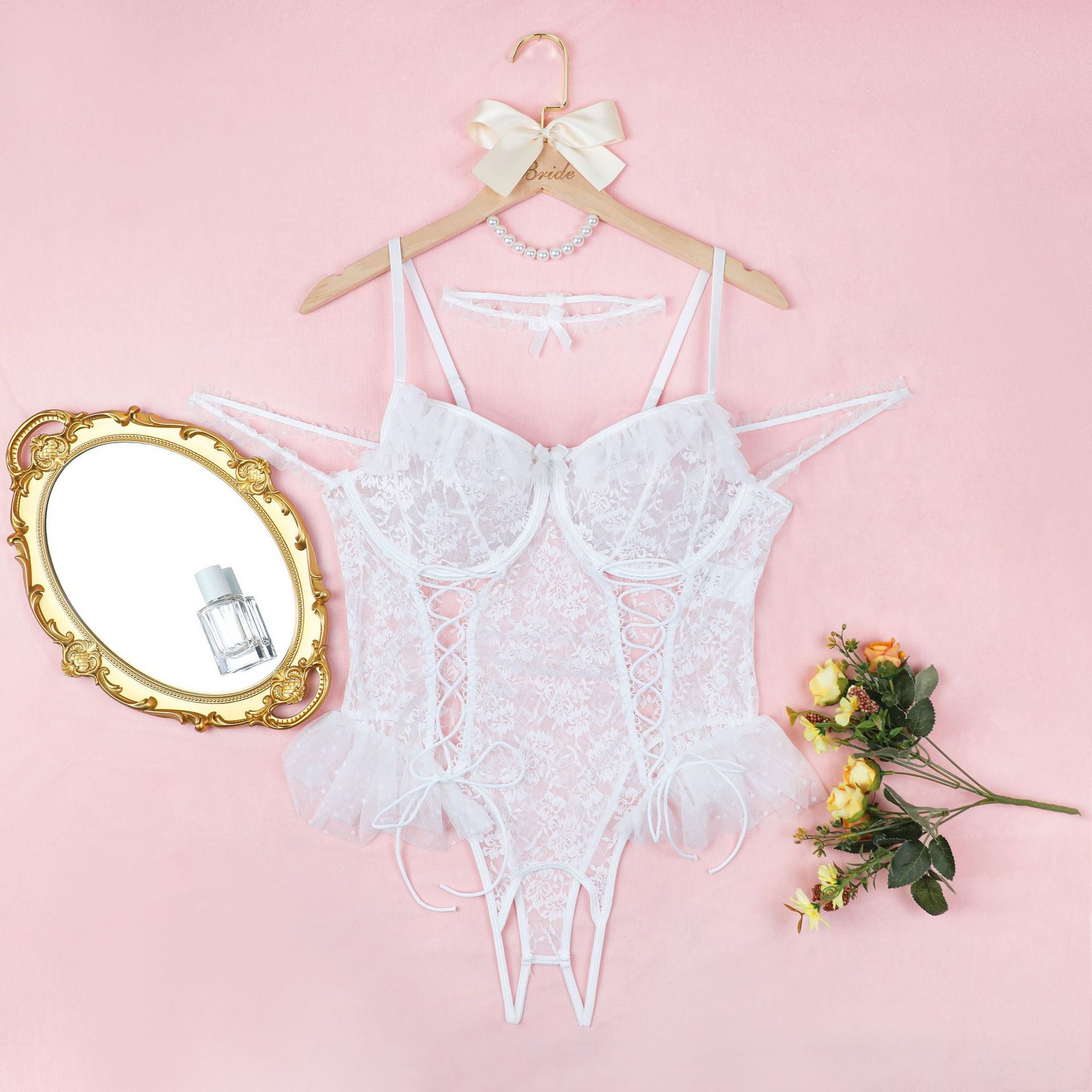 Plus - Size Sexy Lingerie One - piece Halter Pajama Set Sexy Transparent Lace Sexy Set
