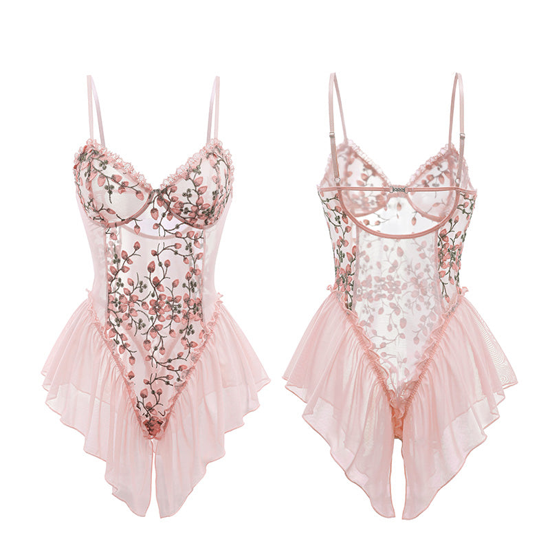 Deep V-neck Floral Embroidered Open-crotch Bodysuit